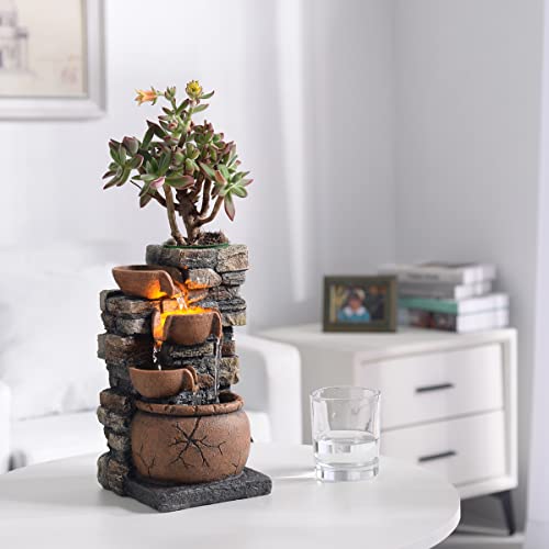 Indoor Fountain 4-Bowl Rockery Soothing Sound Tabletop Fountains Home/Office Decor with a Small Plastic Pot to Grow The Plant by Yourself(Automatic Watering)(23001)
