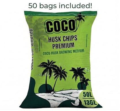 Coco Husk Chips Bags Bulk 50 x 50 Litre / 13 Gallon / 52 Quart – Pre-Washed, Low EC Coconut Substrate for Orchids, Aroids – Mulch, Potting Mix & Reptile Bedding