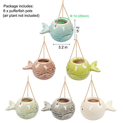 6 Pack Air Plant Holder Unique, Cute Pufferfish Air Plant Hanger Wall Planter, Ceramic Tillandsia Airplants Holders Hanging Wall Decor for Home Office (Pufferfish-Small (3.2 x 2 in)) - size: Pufferfish-Small (3.2 x 2 in)