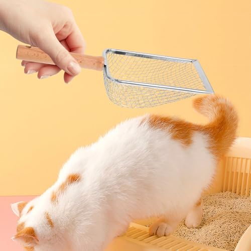 Mikikit Metal Cat Litter Scoop with Wood Handle, Mesh Sifter Shovel 5x5mm for Reptile and Small Pet Waste Cleaning, Sturdy Pet Litter Shovel for Cats and Hamsters