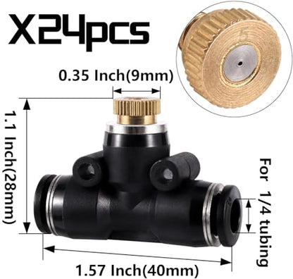24 Pack Brass Misting Nozzles Outdoor Cooling System | Include 24 Heavy Duty Mister Nozzle,24 Tees,4 Brass Plugs,4 Black Plugs for Outdoor Cooling System - size: 24pc-Brass Misting Nozzles kit