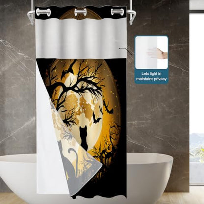 Happy Halloween Funny No Hooks Shower Curtain with Snap in Liner Set, Black Cat Moon Bat Tree Tub Curtainn Mesh Top Window & Magnetic Hem Waterproof 35.5X74 Inch - color: Black Happy Halloween Funny64, size: 35.4"W x 74"L (Pack of 1)