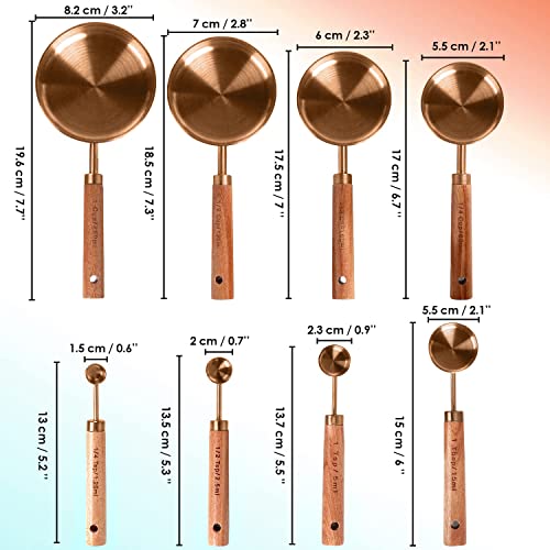 Collection 8 Piece Rose Gold Measuring Cups Set and Measuring Spoons, Golden With fragrant wood Handles-Complete Set of Measure Cups and Spoons For Cooking and Baking. - color: Copper