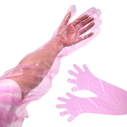 Anxingo 50Pcs Disposable Plastic Veterinary Insemination Rectal Long Arm Gloves for Field Dressing Gutting 35 inch Length - color: Red