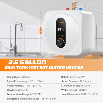 Under Sink Instant Hot Water Heater,2.5 Gallon Mini Tank Water Heaters with LED Display,1500W 120V Small Water Heater 1/2" NPT for RV,Kitchen,Compact Design with T&P Valve,3-Way Fitting Valve - color: White