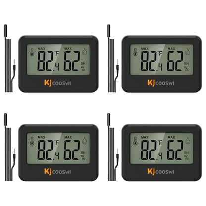 4-Pack Mini Thermometer Hygrometer with External Temperature Probe, Magnet | External probe measures temperature only; built-in sensor tracks humidity, with batteries included for all four units. - style: with probe