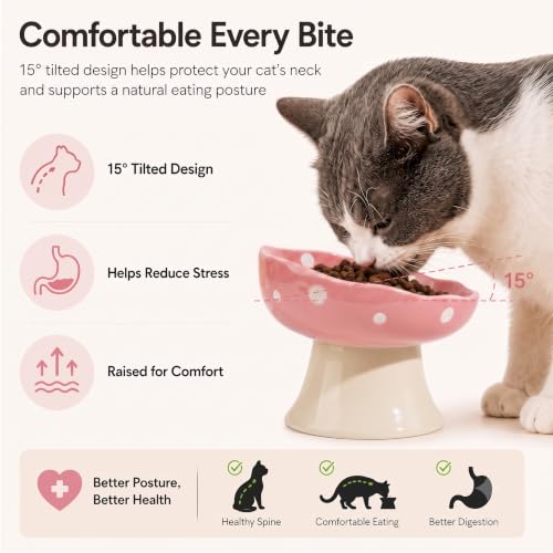 Pink Mushroom Cat Bowl, Elevated Ceramic Feeding Bowl | Elevated, Ceramic, Tilted Design, Whisker-Friendly, Dishwasher Safe, cute - color: Pink