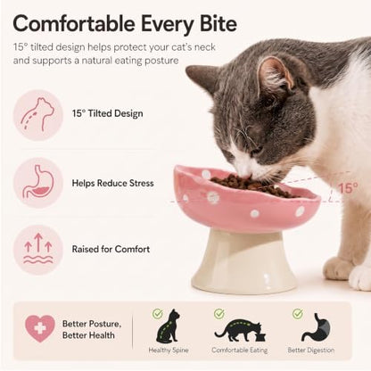 Pink Mushroom Cat Bowl, Elevated Ceramic Feeding Bowl | Elevated, Ceramic, Tilted Design, Whisker-Friendly, Dishwasher Safe, cute - color: Pink
