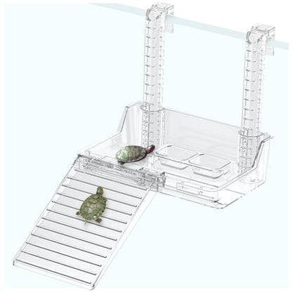 La La Pet Elevated Hanging Turtle Basking Platform with Removable Ladder Food Bowls Adjustable Clear Acrylic Turtle Resting Terrace Reptile Habitat for Fish Tank Aquarium Decor L - size: Large