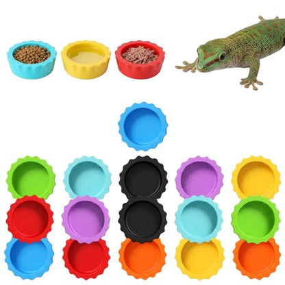 Silicone Gecko Feeding Cups, Reusable Small Reptile Food Dish Gecko Tank Accessories Crested Geckos Food and Water Feeding Cups, Easy Clean Silicone Small Capacity Worm Bowl (16 Pack, 8 Colors)