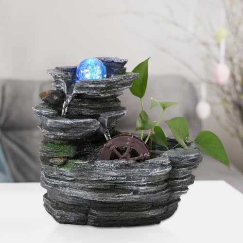 Tabletop Water Fountain, Resin Water Wheel, LED Light,Soothing Sound | Circulating water flow; indoor décor accent; planter space; easy on/off switch; calming desktop centerpiece,Ambient Light