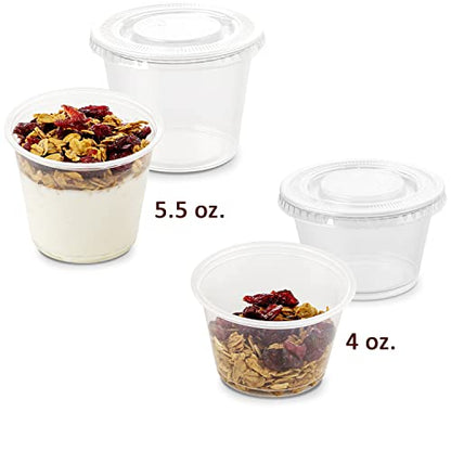 DuraHome Plastic Portion Cups with Lids 4 oz. & 5.5oz. Combo Pack of 150 Leakproof Jello Cup Mini Containers for Salad Dressing Sauce Condiment Snack Souffle and Salsa, Disposable, Interchangeable - style: 150 sets - 4oz. & 5.5oz.