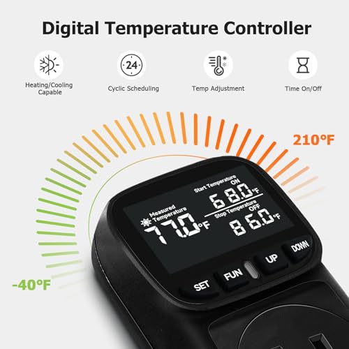 Reptile Thermostat Temperature Controller, Digital Timer Outlet for Greenhouse, Reptile Tank, Heat Pad, Seedlings, Fermentation, Brewing, Cyclic Timing/Countdown, 15A/1800W, VA Display - color: Black, size: Black