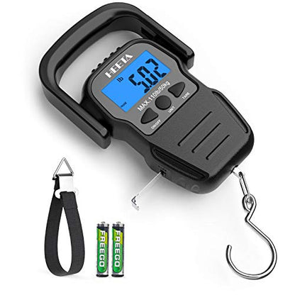 HEETA Fish Scale Digital Fishing Luggage Weight Scale with Measuring Tape | Up 110lb/50kg Portable Hanging Scale with Backlit LCD Display for Home Farm Outdoor Hunting Fishing, 2 AAA Batteries Included - color: Black