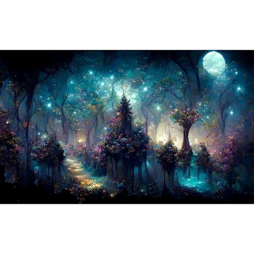 Fairy Tale Eden Aquarium Background Fantasy Trees Various Flowers Fish Tank Background Misty Night Sparking Stars Moon Terrarium Backgrounds Stunning Flowers Scene Reptile Tank Backgrounds 24x12in - color: Purple_Blue, size: 24(W)x12(H)in