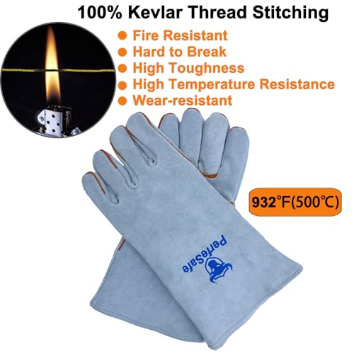 Welding Gloves Heat Resistant Leather Fireproof Gloves 14 In Grey | Welders Gloves for MIG TIG Stick, Grill Gloves Mitts for BBQ,Oven,Forge,Fireplace,Fire Pit,Furnace,Wood Stove,Dry Ice,Baking - color: 14 Inches Grey