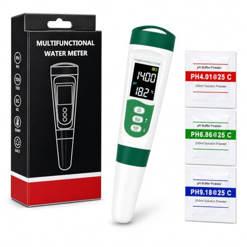 5 in 1 Water Quality Tester, Digital pH TDS EC Salinity Temperature Meter with Backlit LCD & ATC, Portable Pen Test Kit for Hydroponics Aquarium Fish Tank Pool Spa Drinking Water