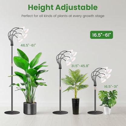 Floor Grow Lights for Indoor Plants, Full Spectrum, for Tall Plant | 5-Head Gooseneck Grow Lamp, 2.3in Spotlight-Style Heads, 120 Red/Blue/White LEDs, Timer & Dimming, 16.5-61in Height, Black - size: 5-Head