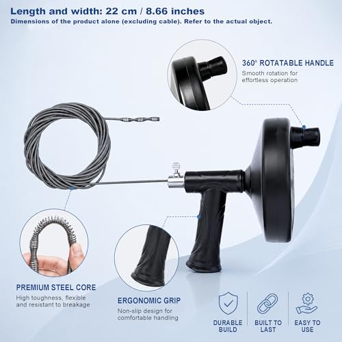 33 FT Drain Snake Auger, Heavy Duty Plumbing Snake for Sink, Tub and Shower | Flexible Hair Clog Remover Kit with Gloves | Manual Drain Cleaning Tool for Bathroom and Kitchen (8-Piece Set)