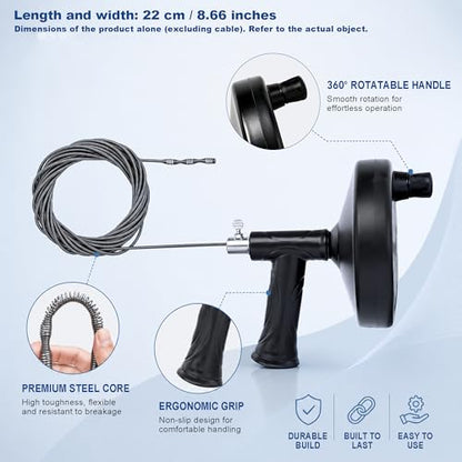 33 FT Drain Snake Auger, Heavy Duty Plumbing Snake for Sink, Tub and Shower | Flexible Hair Clog Remover Kit with Gloves | Manual Drain Cleaning Tool for Bathroom and Kitchen (8-Piece Set)