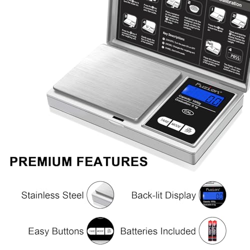 Fuzion Pocket Gram Scale - 1000g/0.1g Digital Mini Travel Food Scale | Easy of Use, LCD Display, Tare Function, 6 Modes Ounces Grains, Batteries Included - color: Silver