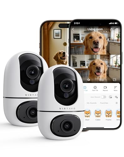 VIRTAVO AI Pet Camera Indoor with Phone App for Dog, Cat & Puppy, 2Pack | 360° Dual-Lens with Auto Tracking & Pet Calling, No Subscription, Wi-Fi 6 (5GHz/2.4GHz), Apple watch & Alexa Compatible - size: XD1-PET-2PACK