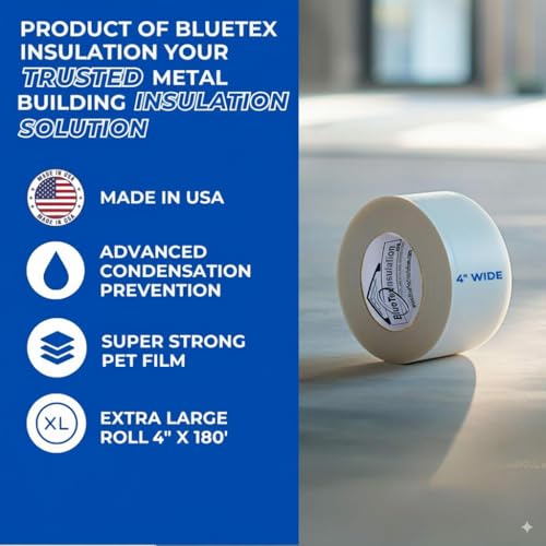 BlueTex Insulationㅤ 4'' Wide x 180' Long White Vapor Barrier Tape - 1 Roll, Waterproofing for Stucco, Crawlspaces, Repair, Underlayment Seams, Metal Building Seams, Excellent Air Barrier