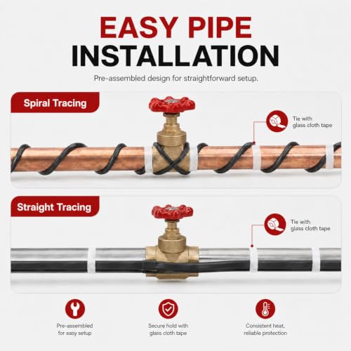 H&G lifestyles 8W/FT Heat Tape for Water Pipes 30FT | Self-Regulating Heat Cable for Pipe Freeze Protection,Snow De-icing Heating Tape for Winter,Keeps Water Flowing at -40°F - color: 30-feet