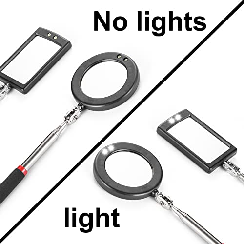 4PCS Telescoping Inspection Mirror LED Lighted Inspection Mirror for Mechanic Checking Vehicle, Car, Eyelashes, Mouth, Small Parts Observation (Extendable, Rectangle & Round)