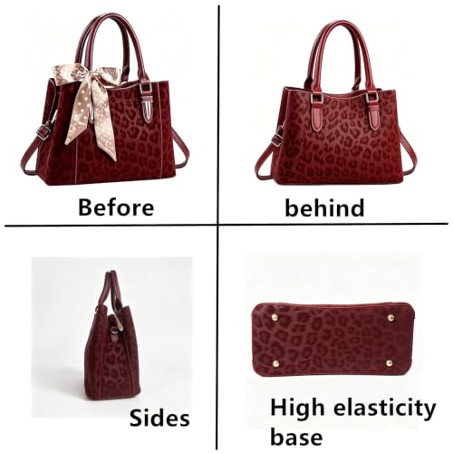 3 Compartment Satchel Purse Top Hnadle Bags Hobo Handbag for Women | Multi Compartment,Medium,Leopard Print Faux Fur,Detachable Shoulder Crossbody Strap,Work Office Daily,High elasticity base - color: Wine Leopard