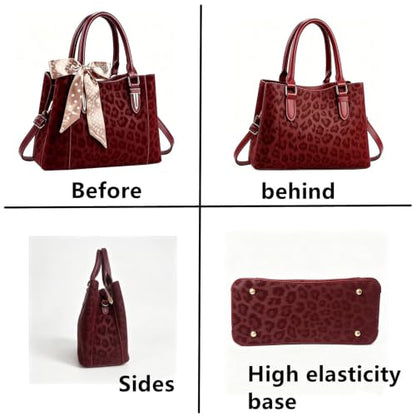 3 Compartment Satchel Purse Top Hnadle Bags Hobo Handbag for Women | Multi Compartment,Medium,Leopard Print Faux Fur,Detachable Shoulder Crossbody Strap,Work Office Daily,High elasticity base - color: Wine Leopard