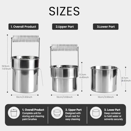 Double Layer Paint Brush Washer, Stainless Steel Oil Paint Brush Cleaner with Spiral Holder, Removable Strainer and Wash Tank for Oil, Acrylic, Watercolor