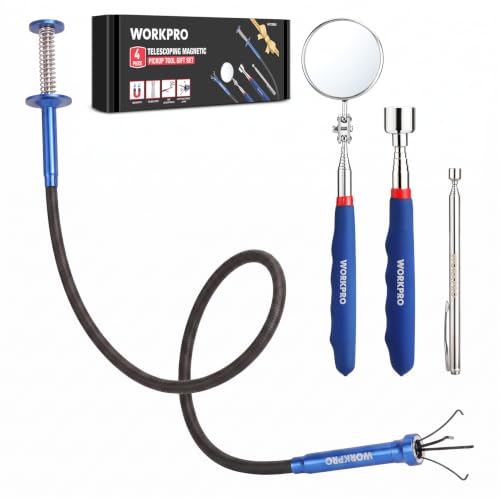 WORKPRO 4PC Telescoping Magnetic Pick Up Tool Kit, For Auto Repair | 24 inches flexible grabber pick up tool, 360° Adjustable Inspection Mirror, 2PC Magnetic Pick Up Tool, Four Claw Grabber Tool