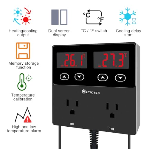KETOTEK KT99pro Dual Digital Temperature Controller Outlet 10A Relay | Heating Coolling Thermostat Controlled Socket with Sensor for Reptile Brewing Fermentation Breeding Incubation Greenhouse