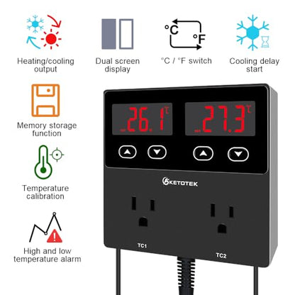 KETOTEK KT99pro Dual Digital Temperature Controller Outlet 10A Relay | Heating Coolling Thermostat Controlled Socket with Sensor for Reptile Brewing Fermentation Breeding Incubation Greenhouse