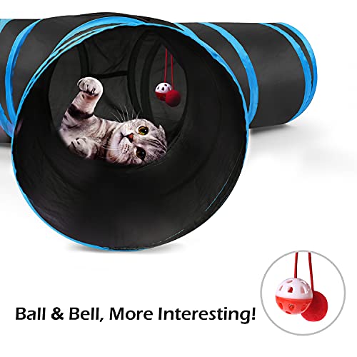 Pawaboo Cat Tunnel Tube 3-Way Tunnels, Blue, 25x53cm | Extensible Collapsible, Cat Play Tent Interactive Toy Maze, Cat House Bed, With Balls and Bells - color: A-Blue, size: 3 Way