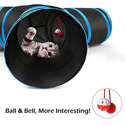 Pawaboo Cat Tunnel Tube 3-Way Tunnels, Blue, 25x53cm | Extensible Collapsible, Cat Play Tent Interactive Toy Maze, Cat House Bed, With Balls and Bells - color: A-Blue, size: 3 Way