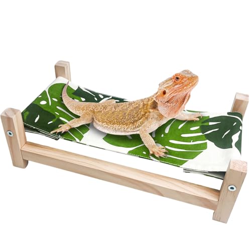 1PCS Bearded Dragon Bed, Wooden&Soft Fabric Reptile Bedding Hammock, Bearded Dragon Tank Accessories,Habitat Accessories for Leopard Gecko Snake Lizard or Other Small Animal (Green, Large) - size: Large