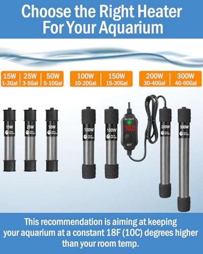 AquaMiracle Aquarium Heater 100W Fish Tank Heater for 10-20 Gal Tanks, LED Digital Display Thermostat Turtle Heater with Out-of-Water Auto Shut-Off, Overheat Protection & Memory Function - size: For 10-20 Gal Tank