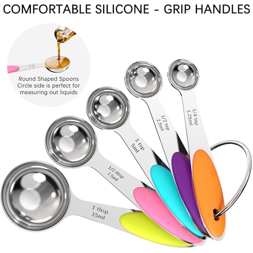 Nesting Measuring Cups and Spoons Set, Stainless Steel with Soft Silicone Handle – Heavy Duty & Dishwasher Safe for Measuring Dry/Liquid Ingredients, Ideal for Cooking & Baking (10)