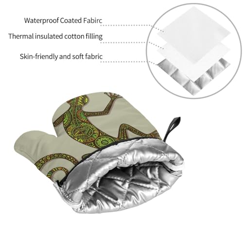 Reptiles Ornamental Colorful Lizard with Ethnic Patterns Exotic 4 Pack Oven Mitts and Pot Holders Set, Thick Polyester Heat Resistant Kitchen Gloves for Baking BBQ Grilling