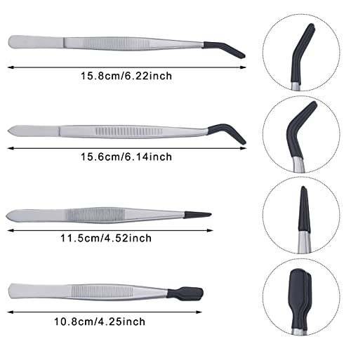 DragonflyDreams 4 Pieces Tweezers with Rubber PVC Coated Set | Straight Tip Tweezers Rubber Flat Tip Long Bent Tweezer for Crafts Stamps Beads Jewelry Tools