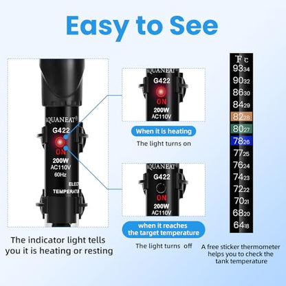 AQUANEAT Aquarium Heater, 200W Fish Tank Heater, Adjustable Submersible Water Thermostat with Thermometer - size: 200W