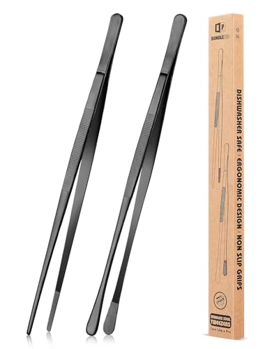 2 Pcs 12-Inch Kitchen Tweezers Fine Tweezer Tongs, Stainless Steel Professional Long Cooking Tweezers for BBQ, Sea Food, Repairing and Serving (BLACK) - color: Black, size: 12 IN