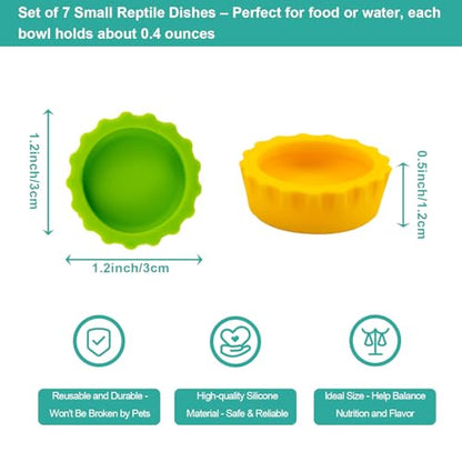 7 Pack Crested Gecko Food and Water Bowl, Eudimysx Reusable Small Reptile Feeding Dish, Gecko Tank Accessories for Hermit Crab, Tarantula, Isopods, Snails and Lizard, Silicone Easy Clean & 7 Colors - color: 7Pack