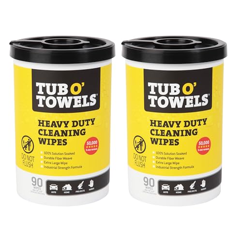 Tub O' Towels Heavy-Duty Multi-Surface Cleaning Wipes, 10" x 12", 90 Count Canister, Removes Grease, Grime, Tough Stains, Durable Disposable Wipes for Home, Garage, Outdoor Cleaning Tasks, 2-Pack - style: 2-Pack of TW90 (10" x 12" wipes)