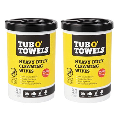 Tub O' Towels Heavy-Duty Multi-Surface Cleaning Wipes, 10" x 12", 90 Count Canister, Removes Grease, Grime, Tough Stains, Durable Disposable Wipes for Home, Garage, Outdoor Cleaning Tasks, 2-Pack - style: 2-Pack of TW90 (10" x 12" wipes)