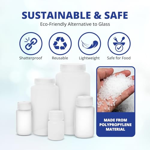United Scientific™ Polypropylene Sample Bottles with Lids, 500ml, 144-Pack | 16 oz Bottles with Lids, BPA-Free, RoHS Compliant, Leakproof Seal Ring, -40°C to 121°C Range, Wide Mouth Reagent Bottle - size: 16 oz (Pack of 144)