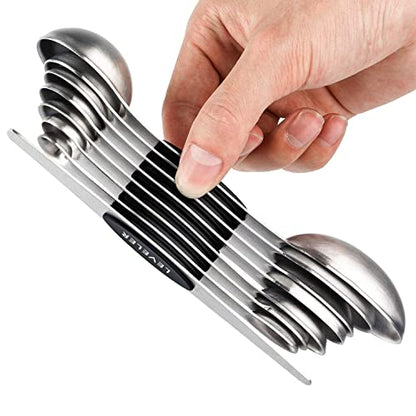 Magnetic Measuring Spoons Set Stainless Steel Stackable Measuring Spoons | Dual Sided Nesting Teaspoons Tablespoons Set of 8 for Measuring Dry and Liquid Ingredients - color: black-8