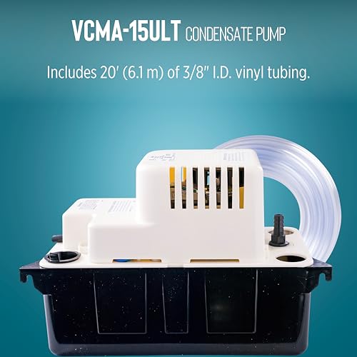 Little Giant VCMA-15ULT 115 Volt, 65 GPH, 1/50 HP Automatic Condensate Removal Pump with Tubing (no safety switch), Black/White, 554411 | 6' cord w/ plug, 20' Tubing, No safety switch, 1/50 HP, 15' shutoff, Automatic, 1/2 gal tank, For HVAC /dehumidifiers